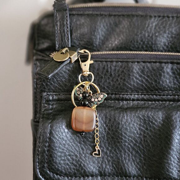 Brown Stone Beaded Keychain with Enamel Butterfly and Black Heart Charm - Picture 3 of 8